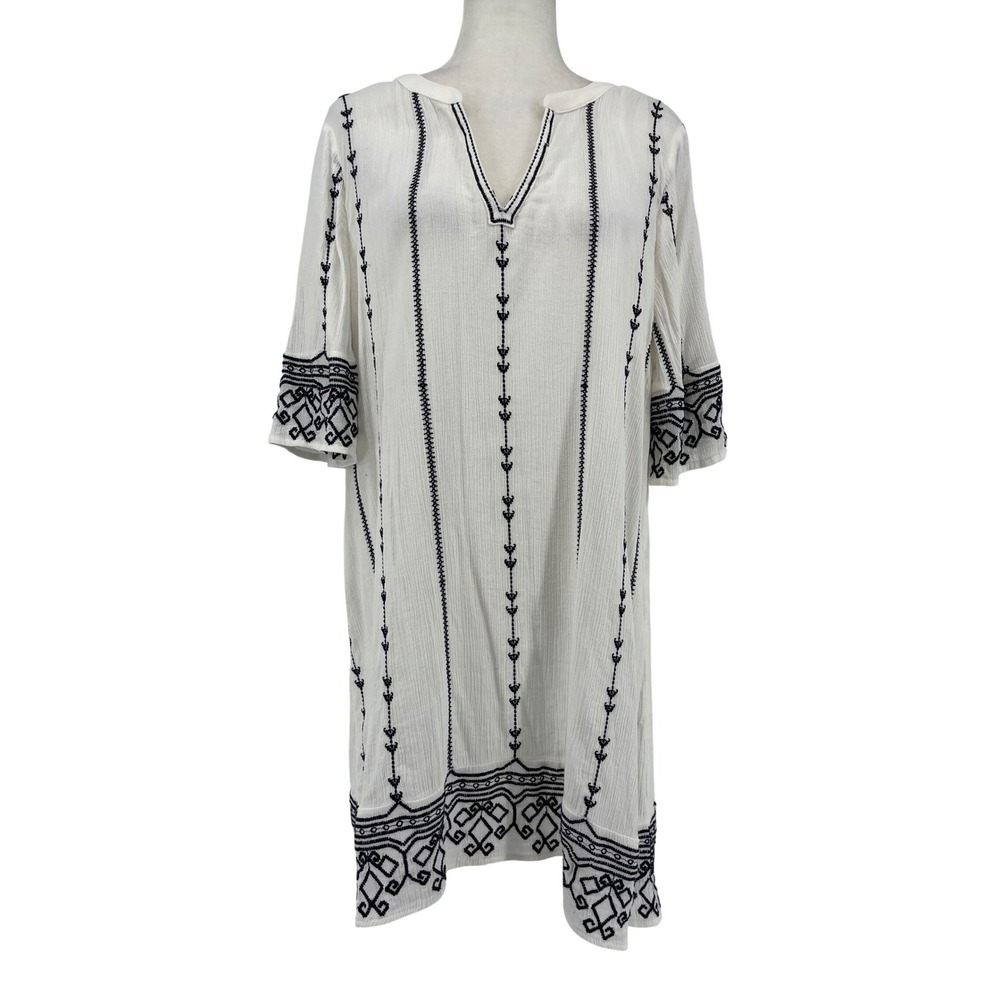 Hinge Embroidered Tunic Top Womens Large White Black Excellent Boho Split Neck